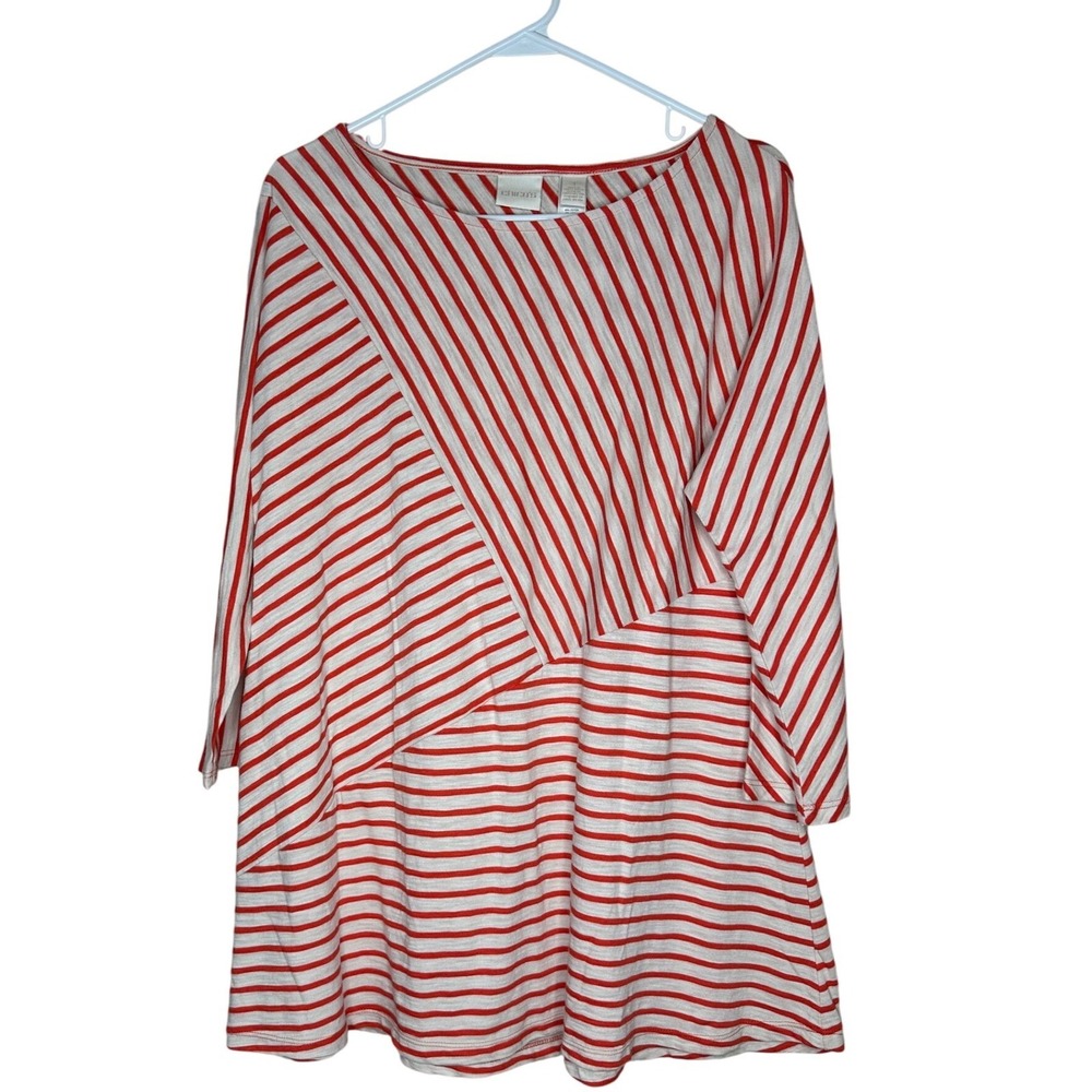 Chicos Lovely‎ Stripe Tee Garibaldi Orange 3/4 Sleeve Top 570199375 Size 1 M NWT